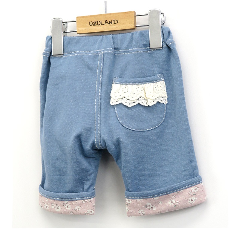 キッズ ハーフパンツ 女の子 ガーリー 小花柄 ポケット ボトムス 【 Uzuland ウズランド 】 ニットデニム 5分丈 半ズボン 子供服 ベビー服 切替 フラワー フリル 可愛い お洒落 ナチュラル ガールズ 80cm 90cm 95cm 100cm 110cm 120cm 130cm