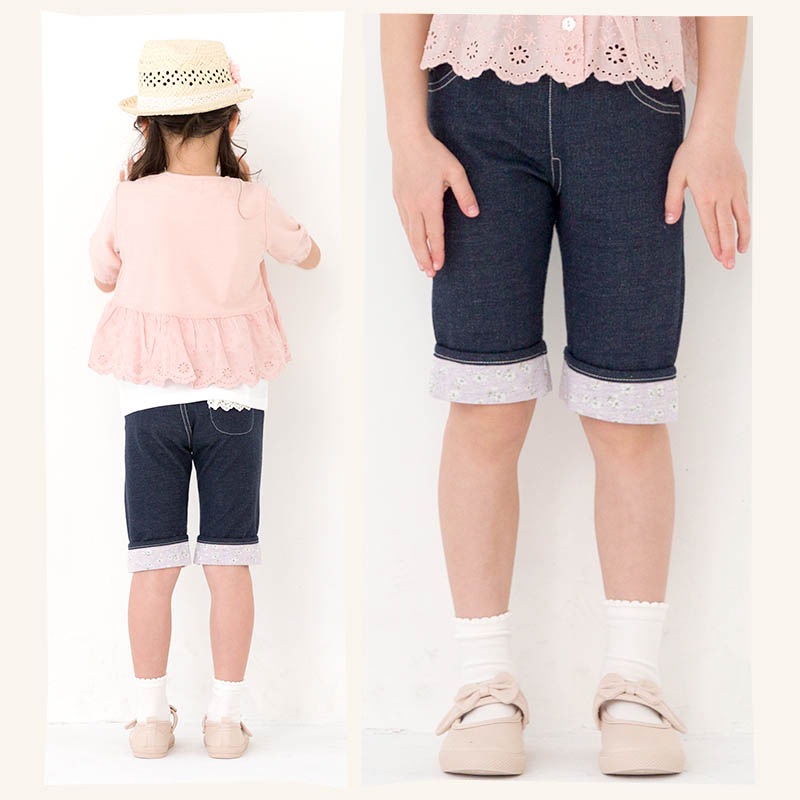 キッズ ハーフパンツ 女の子 ガーリー 小花柄 ポケット ボトムス 【 Uzuland ウズランド 】 ニットデニム 5分丈 半ズボン 子供服 ベビー服 切替 フラワー フリル 可愛い お洒落 ナチュラル ガールズ 80cm 90cm 95cm 100cm 110cm 120cm 130cm