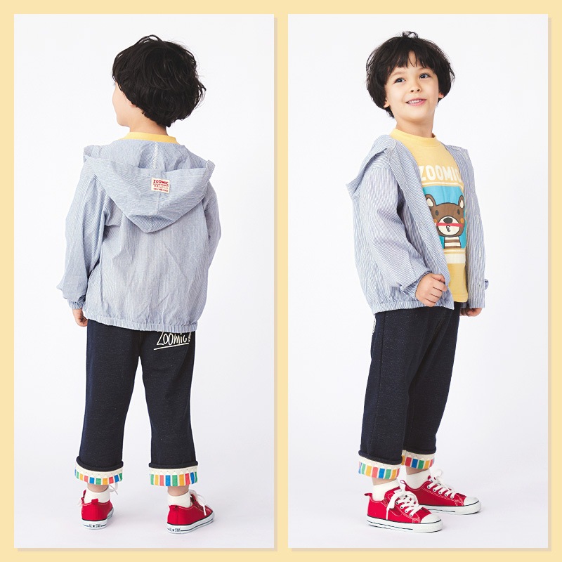 キッズ パーカー 男の子 女の子 刺繍 フード ジャケット アウター【 ZOOMIC ズーミック 】 子供服 ベビー服 羽織 ライトアウター かわいい くま ストライプ 春服 80cm 90cm 95cm 100cm 110cm 120cm 130cm 