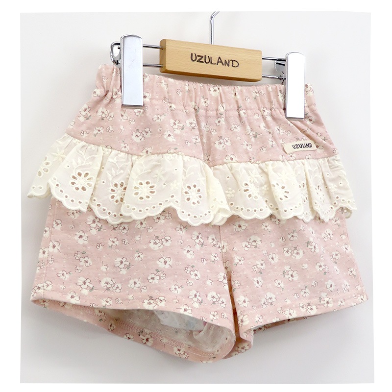 キッズ ショートパンツ 女の子 ガーリー フリル 小花柄 ボトムス ピンク ラベンダー 【 Uzuland ウズランド 】 半ズボン ハーフパンツ 子供服 ベビー服 フラワー キュロット カボチャ 可愛い お洒落 80cm 90cm 95cm 100cm 110cm 120cm 130cm