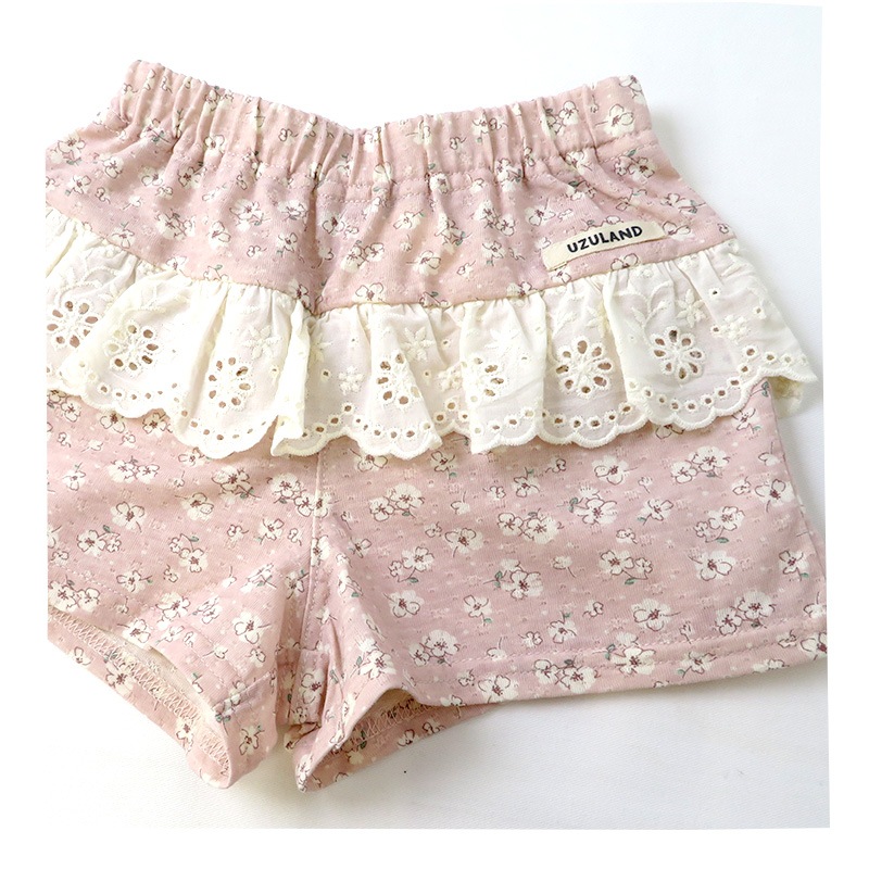 キッズ ショートパンツ 女の子 ガーリー フリル 小花柄 ボトムス ピンク ラベンダー 【 Uzuland ウズランド 】 半ズボン ハーフパンツ 子供服 ベビー服 フラワー キュロット カボチャ 可愛い お洒落 80cm 90cm 95cm 100cm 110cm 120cm 130cm