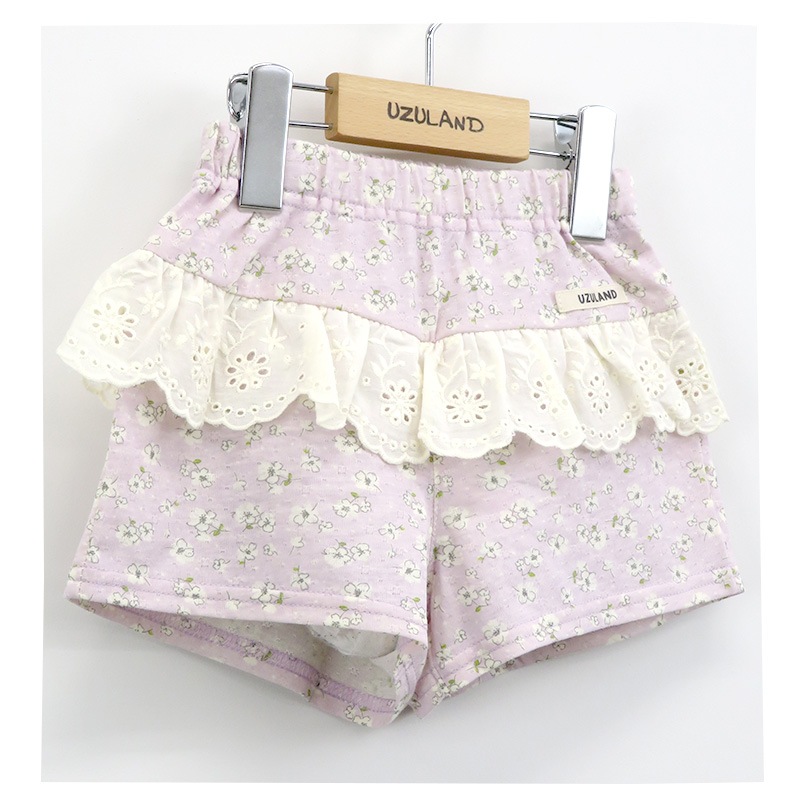 キッズ ショートパンツ 女の子 ガーリー フリル 小花柄 ボトムス ピンク ラベンダー 【 Uzuland ウズランド 】 半ズボン ハーフパンツ 子供服 ベビー服 フラワー キュロット カボチャ 可愛い お洒落 80cm 90cm 95cm 100cm 110cm 120cm 130cm