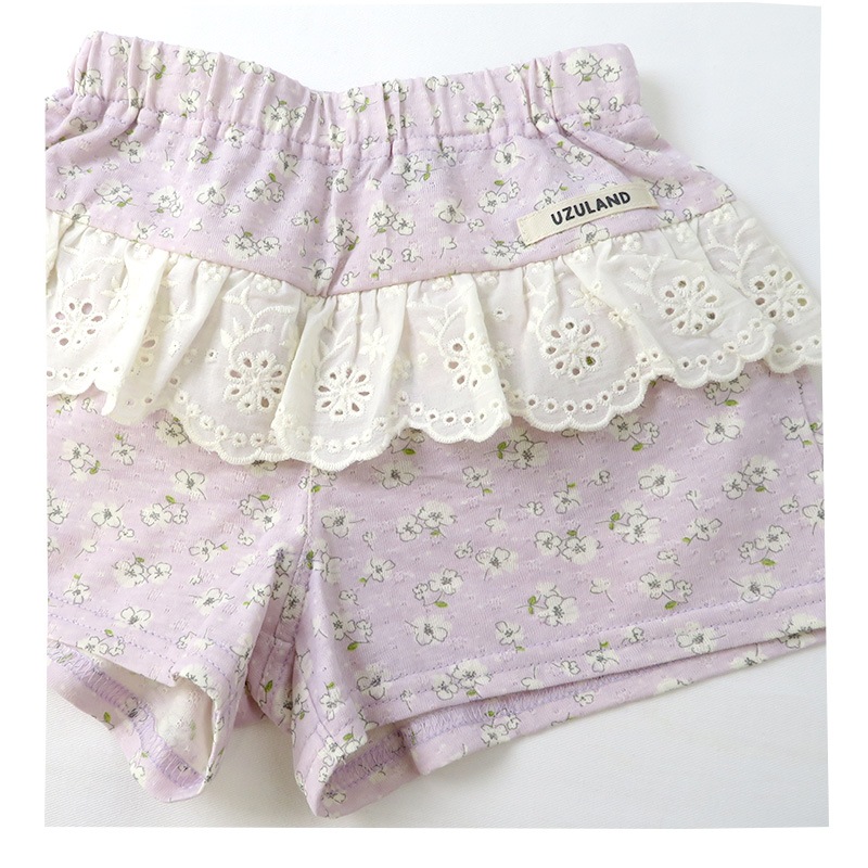 キッズ ショートパンツ 女の子 ガーリー フリル 小花柄 ボトムス ピンク ラベンダー 【 Uzuland ウズランド 】 半ズボン ハーフパンツ 子供服 ベビー服 フラワー キュロット カボチャ 可愛い お洒落 80cm 90cm 95cm 100cm 110cm 120cm 130cm