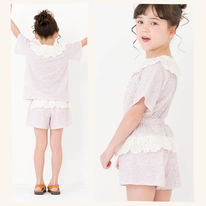 キッズ ショートパンツ 女の子 ガーリー フリル 小花柄 ボトムス ピンク ラベンダー 【 Uzuland ウズランド 】 半ズボン ハーフパンツ 子供服 ベビー服 フラワー キュロット カボチャ 可愛い お洒落 80cm 90cm 95cm 100cm 110cm 120cm 130cm