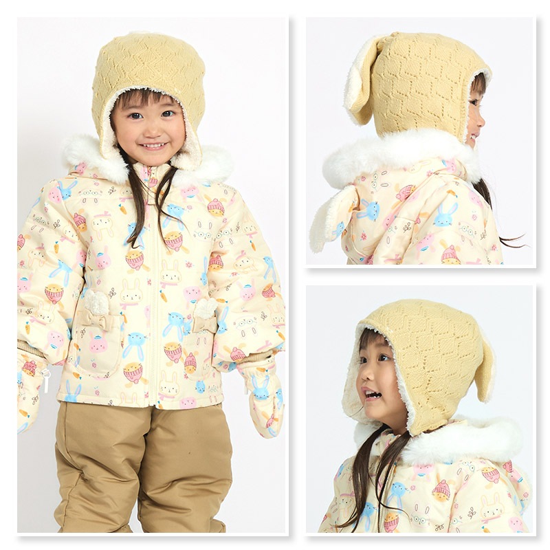 キッズ ニット帽 女の子 ニットキャップ うさぎ 猫耳 子供用 帽子 ( 2サイズ展開 50-54cm )【 UZULAND ウズランド 】 マイクロファイバーフリース チェック ケーブル編み リボン ポンポン 暖かい 防寒 保温 子供帽子 耳当て キャップ 動物 アニマル ベビー 雪遊び スノー