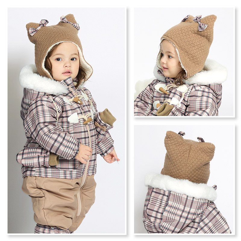 キッズ ニット帽 女の子 ニットキャップ うさぎ 猫耳 子供用 帽子 ( 2サイズ展開 50-54cm )【 UZULAND ウズランド 】 マイクロファイバーフリース チェック ケーブル編み リボン ポンポン 暖かい 防寒 保温 子供帽子 耳当て キャップ 動物 アニマル ベビー 雪遊び スノー