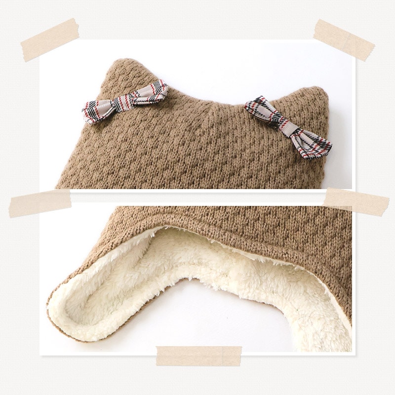 キッズ ニット帽 女の子 ニットキャップ うさぎ 猫耳 子供用 帽子 ( 2サイズ展開 50-54cm )【 UZULAND ウズランド 】 マイクロファイバーフリース チェック ケーブル編み リボン ポンポン 暖かい 防寒 保温 子供帽子 耳当て キャップ 動物 アニマル ベビー 雪遊び スノー