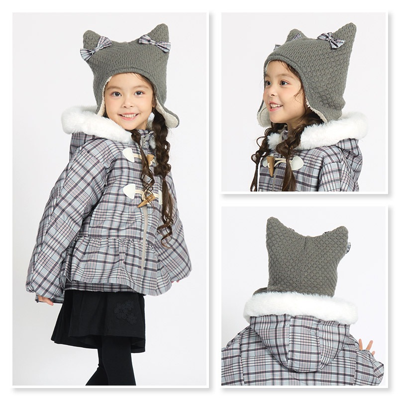 キッズ ニット帽 女の子 ニットキャップ うさぎ 猫耳 子供用 帽子 ( 2サイズ展開 50-54cm )【 UZULAND ウズランド 】 マイクロファイバーフリース チェック ケーブル編み リボン ポンポン 暖かい 防寒 保温 子供帽子 耳当て キャップ 動物 アニマル ベビー 雪遊び スノー