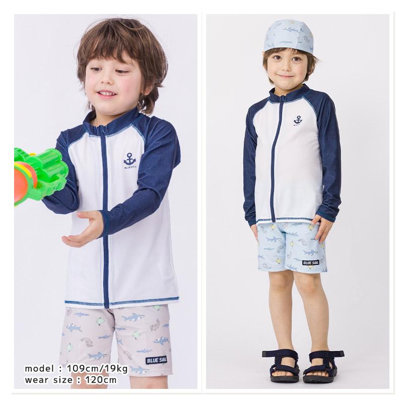 子供 水着 長袖 ラッシュガード ワンポイント ロゴ フルジップ UV加工 UPF50＋ ( 100-130cm ) シンプル スクール キッズ ジュニア 男の子 子供用 こども プール スイミング スクール レジャー 夏 水遊び 川遊び 100cm 110cm 120cm 130cm スクール水着
