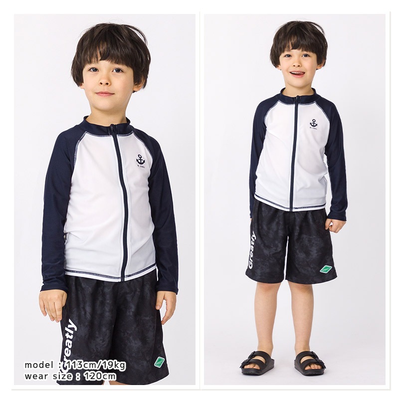 子供 水着 長袖 ラッシュガード ワンポイント ロゴ フルジップ UV加工 UPF50＋ ( 100-130cm ) シンプル スクール キッズ ジュニア 男の子 子供用 こども プール スイミング スクール レジャー 夏 水遊び 川遊び 100cm 110cm 120cm 130cm スクール水着