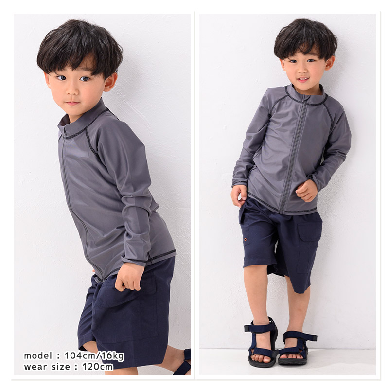 子供 水着 長袖 ラッシュガード ワンポイント ロゴ フルジップ UV加工 UPF50＋ ( 100-130cm ) シンプル スクール キッズ ジュニア 男の子 子供用 こども プール スイミング スクール レジャー 夏 水遊び 川遊び 100cm 110cm 120cm 130cm スクール水着