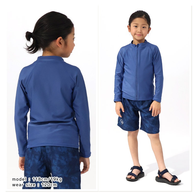 子供 水着 長袖 ラッシュガード ワンポイント ロゴ フルジップ UV加工 UPF50＋ ( 100-130cm ) シンプル スクール キッズ ジュニア 男の子 子供用 こども プール スイミング スクール レジャー 夏 水遊び 川遊び 100cm 110cm 120cm 130cm スクール水着