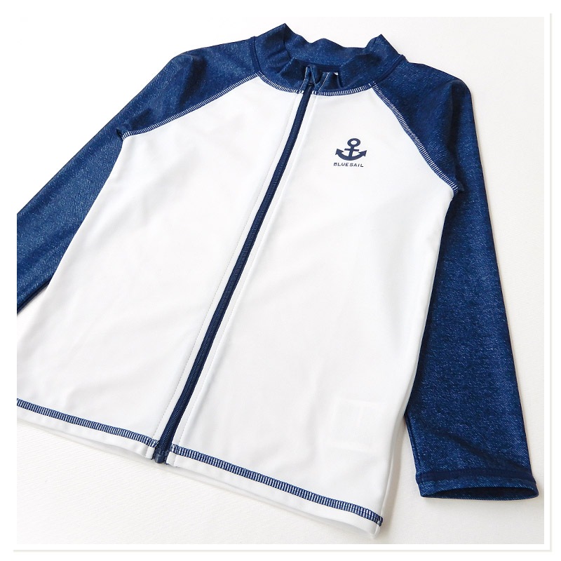 子供 水着 長袖 ラッシュガード ワンポイント ロゴ フルジップ UV加工 UPF50＋ ( 100-130cm ) シンプル スクール キッズ ジュニア 男の子 子供用 こども プール スイミング スクール レジャー 夏 水遊び 川遊び 100cm 110cm 120cm 130cm スクール水着