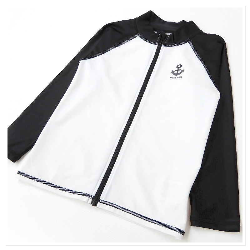 子供 水着 長袖 ラッシュガード ワンポイント ロゴ フルジップ UV加工 UPF50＋ ( 100-130cm ) シンプル スクール キッズ ジュニア 男の子 子供用 こども プール スイミング スクール レジャー 夏 水遊び 川遊び 100cm 110cm 120cm 130cm スクール水着