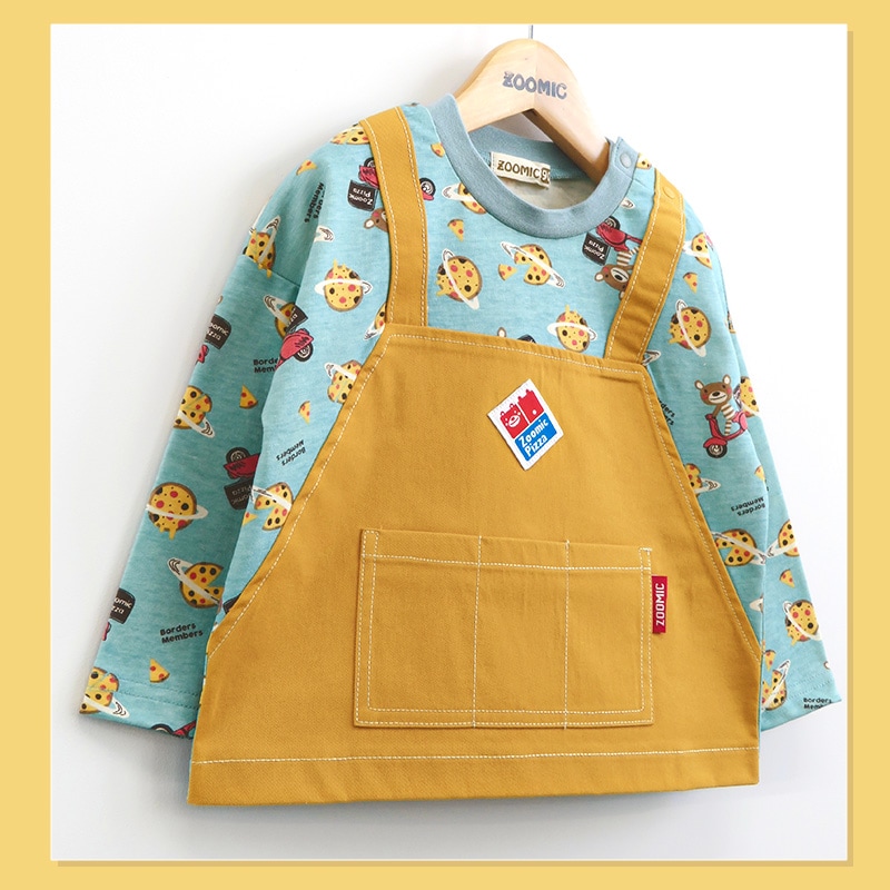ロンT キッズ ベビー 長袖 Tシャツ 長そで tシャツ トップス キャラクター 男の子 女の子 天竺 ( 80-130cm )【 ZOOMIC ズーミック 】 子供服 エプロン風 ポケット ピザ 食べ物 くま 総柄プリント かわいい 秋物 80cm 90cm 95cm 100cm 110cm 120cm 130cm