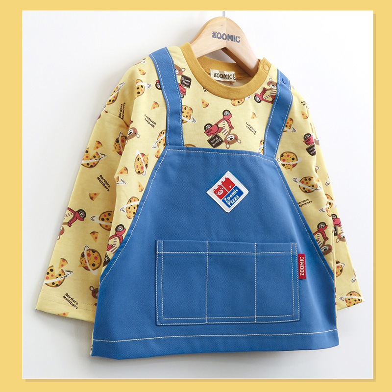 ロンT キッズ ベビー 長袖 Tシャツ 長そで tシャツ トップス キャラクター 男の子 女の子 天竺 ( 80-130cm )【 ZOOMIC ズーミック 】 子供服 エプロン風 ポケット ピザ 食べ物 くま 総柄プリント かわいい 秋物 80cm 90cm 95cm 100cm 110cm 120cm 130cm