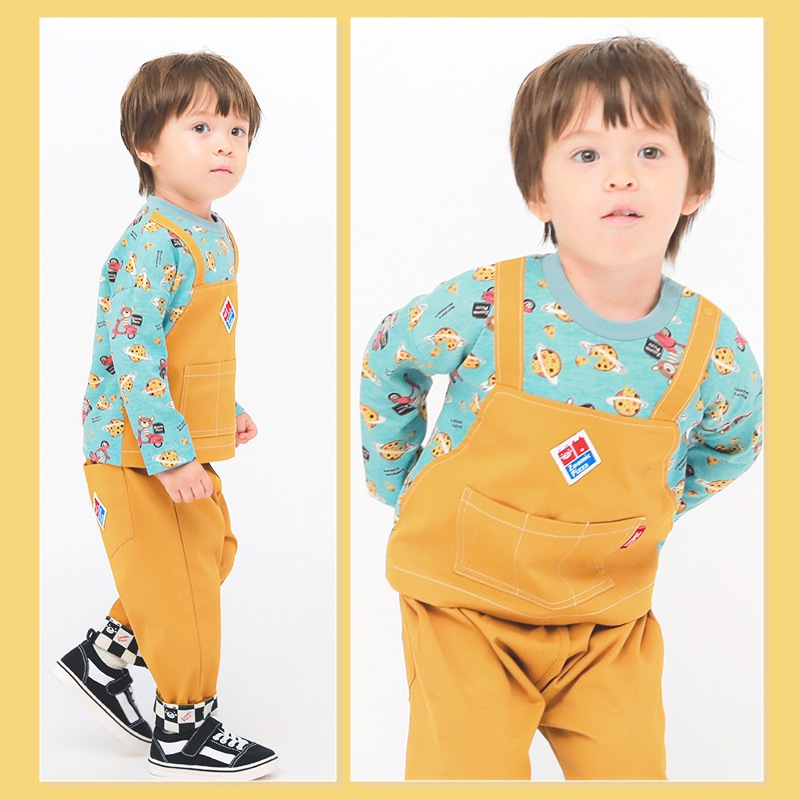 ロンT キッズ ベビー 長袖 Tシャツ 長そで tシャツ トップス キャラクター 男の子 女の子 天竺 ( 80-130cm )【 ZOOMIC ズーミック 】 子供服 エプロン風 ポケット ピザ 食べ物 くま 総柄プリント かわいい 秋物 80cm 90cm 95cm 100cm 110cm 120cm 130cm