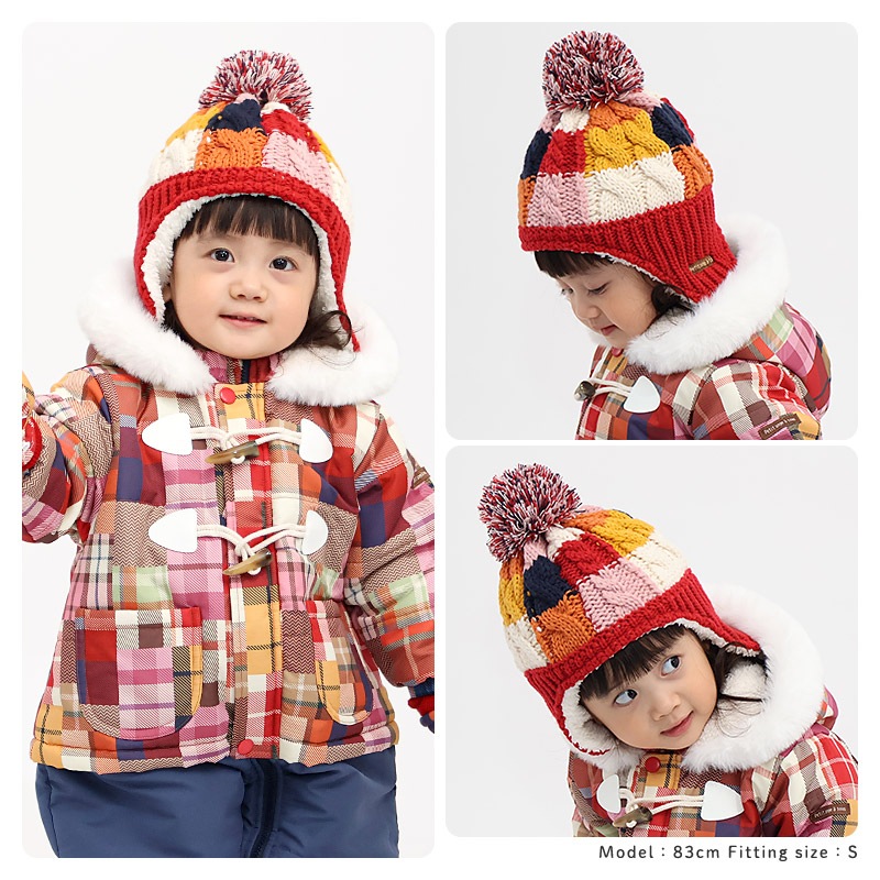 キッズ ベビー ニット帽 耳当て付き 女の子 ニットキャップ 子供用 帽子 (2サイズ展開 50-54cm)【UZULAND ウズランド GrinLab グリンラボ】 マイクロファイバーフリース アップリケ チェック ハート イチゴ いちご 苺 ポンポン 暖かい 防寒 保温 キャップ 暖かい 雪遊び