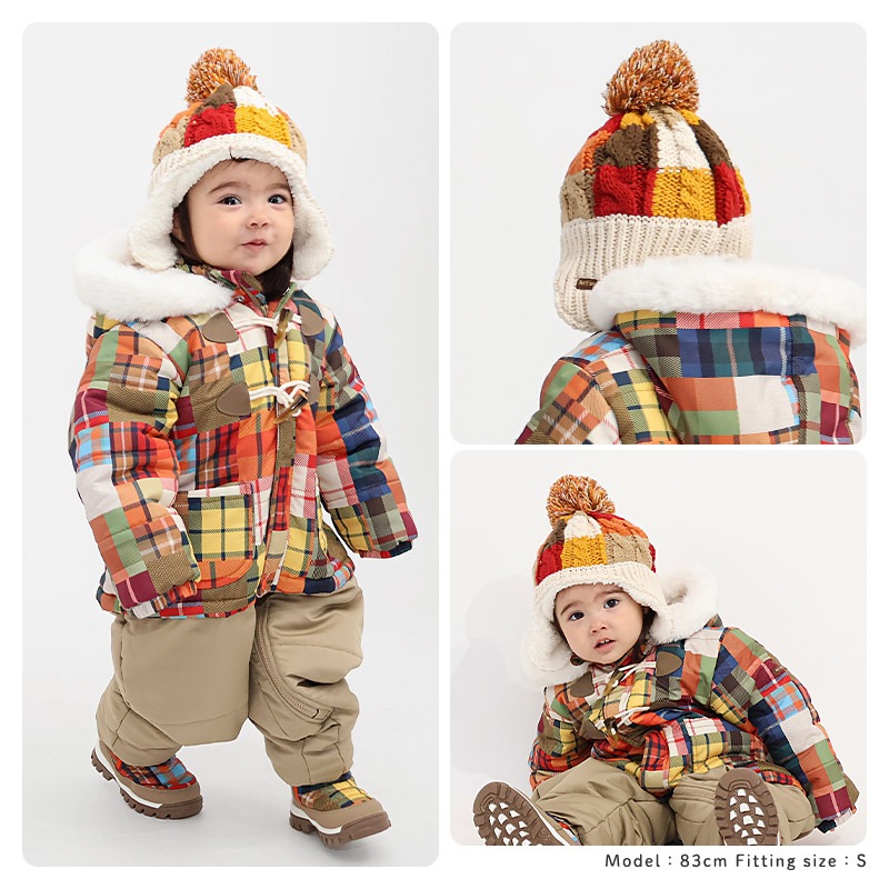 キッズ ベビー ニット帽 耳当て付き 女の子 ニットキャップ 子供用 帽子 (2サイズ展開 50-54cm)【UZULAND ウズランド GrinLab グリンラボ】 マイクロファイバーフリース アップリケ チェック ハート イチゴ いちご 苺 ポンポン 暖かい 防寒 保温 キャップ 暖かい 雪遊び