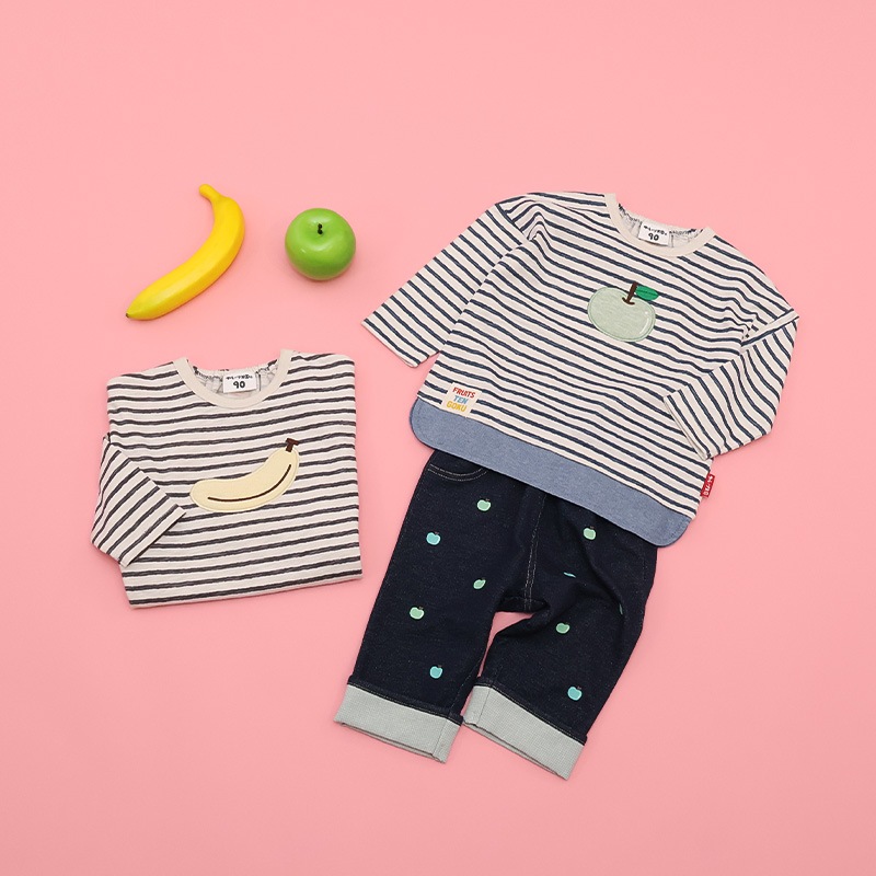 グリーンアップル/バナナのボーダー長袖Tシャツ【フルーツ天国】