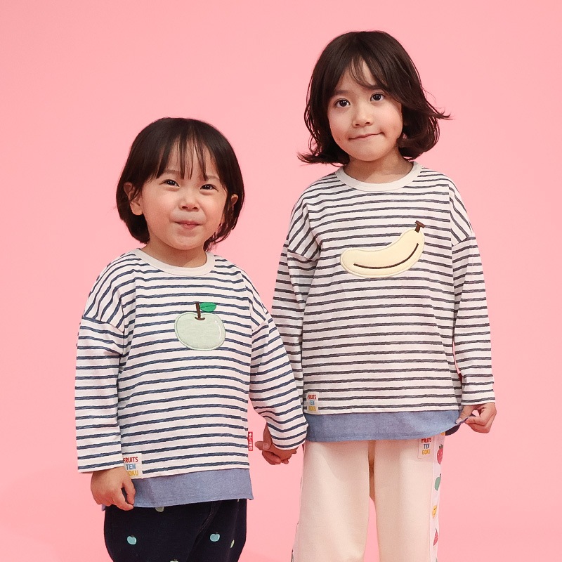 グリーンアップル/バナナのボーダー長袖Tシャツ【フルーツ天国】