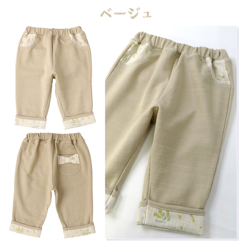 パンツ ガールズ 子供服 ボトムス 女の子 花柄 折り曲げ 7分丈 ( 80-130cm )【 Uzuland ウズランド 】 キッズ ベビー フラワー ポケット ガールズ リボン ナチュラル ガーリー かわいい 春物 80cm 90cm 95cm 100cm 110cm 120cm 130cm 