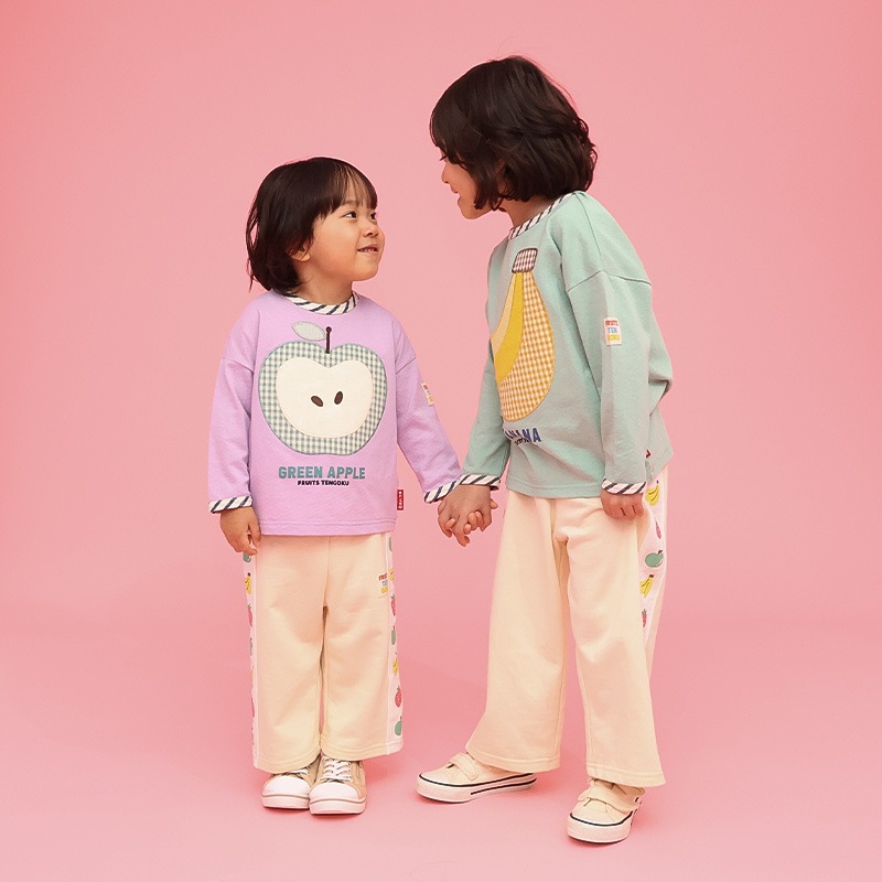 グリーンアップル/バナナのアップリケ長袖Tシャツ【フルーツ天国】