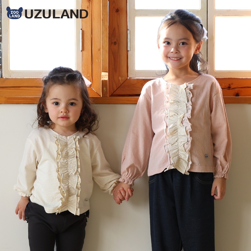 ガールズ ロンT 重ね着風 フリル 花柄 長袖 Tシャツ 天竺 ジャカード トップス チャーム付き 女の子 キッズ ベビー 【UZULAND ウズランド】 カットソー ロンt チュニック レイヤード ブラウス ピンク アイボリー フラワー 無地 春物 80cm 90cm 95cm 100cm 110cm 120cm 130cm