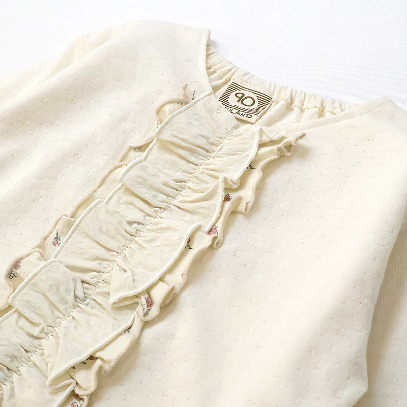 ガールズ ロンT 重ね着風 フリル 花柄 長袖 Tシャツ 天竺 ジャカード トップス チャーム付き 女の子 キッズ ベビー 【UZULAND ウズランド】 カットソー ロンt チュニック レイヤード ブラウス ピンク アイボリー フラワー 無地 春物 80cm 90cm 95cm 100cm 110cm 120cm 130cm