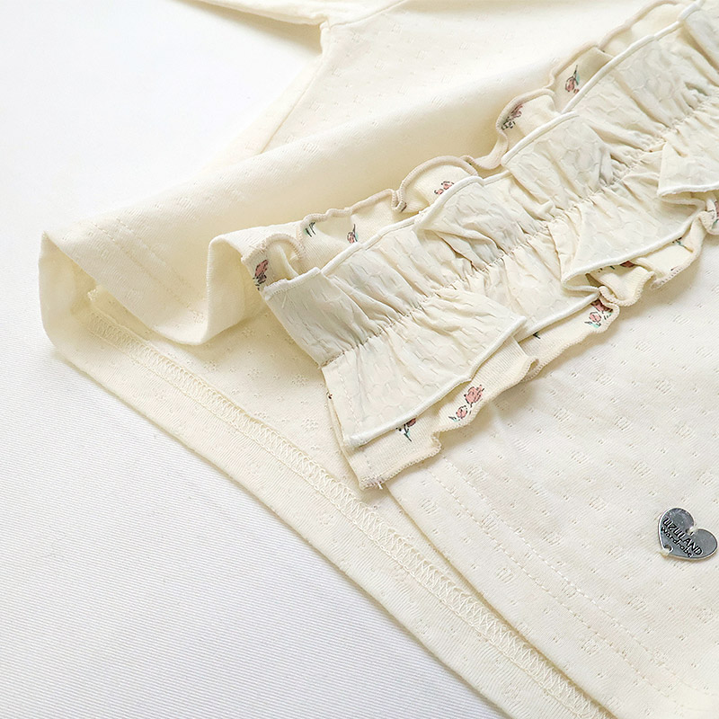 ガールズ ロンT 重ね着風 フリル 花柄 長袖 Tシャツ 天竺 ジャカード トップス チャーム付き 女の子 キッズ ベビー 【UZULAND ウズランド】 カットソー ロンt チュニック レイヤード ブラウス ピンク アイボリー フラワー 無地 春物 80cm 90cm 95cm 100cm 110cm 120cm 130cm