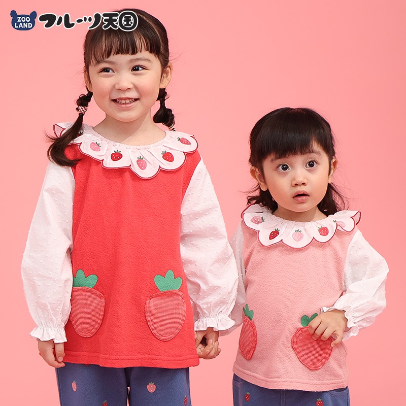 イチゴ刺繍のスカラップ衿Tシャツ【フルーツ天国】