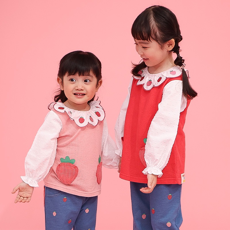 イチゴ刺繍のスカラップ衿Tシャツ【フルーツ天国】