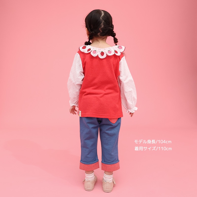 イチゴ刺繍のスカラップ衿Tシャツ【フルーツ天国】