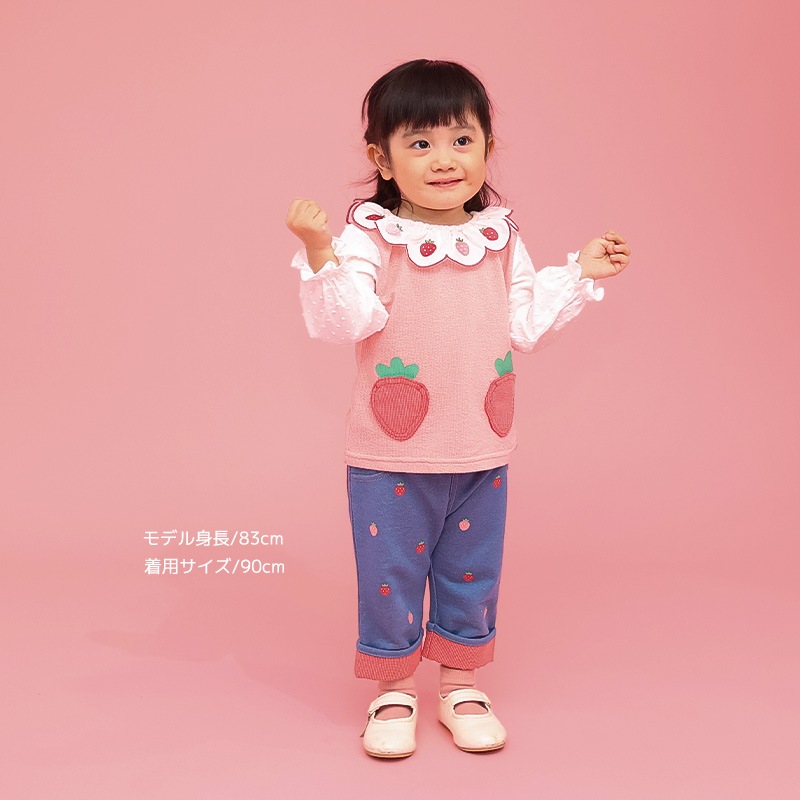 イチゴ刺繍のスカラップ衿Tシャツ【フルーツ天国】