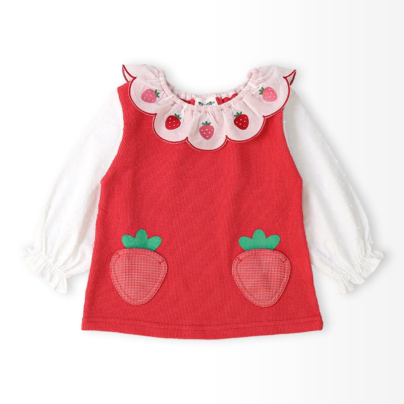 イチゴ刺繍のスカラップ衿Tシャツ【フルーツ天国】