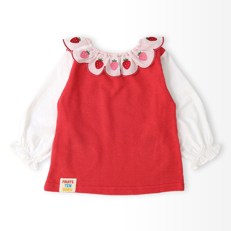 イチゴ刺繍のスカラップ衿Tシャツ【フルーツ天国】