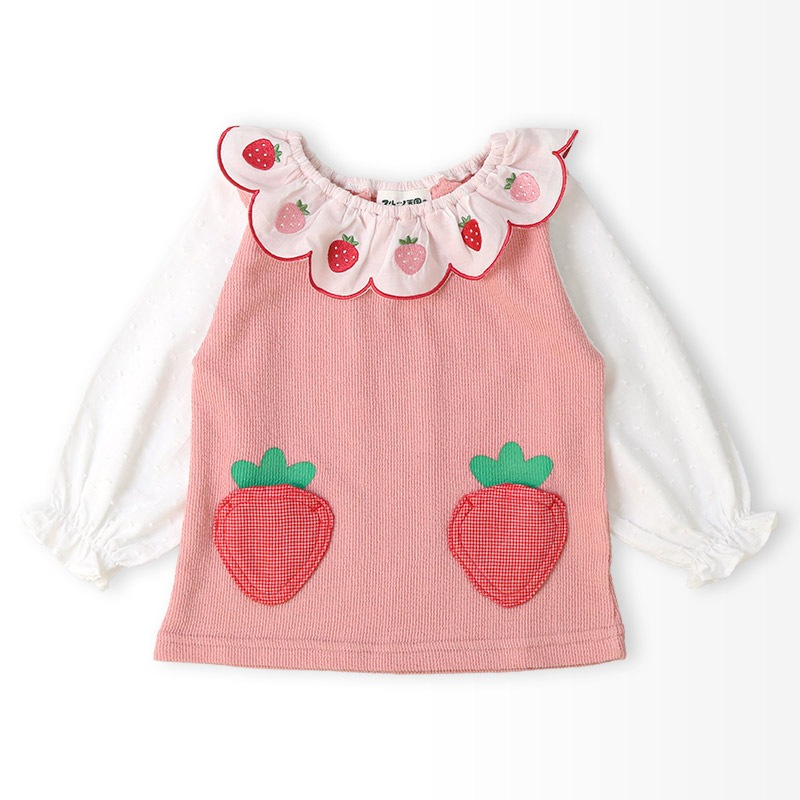 イチゴ刺繍のスカラップ衿Tシャツ【フルーツ天国】