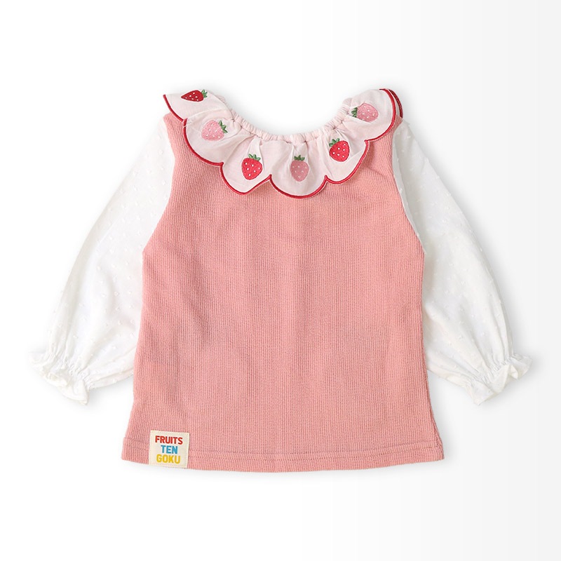 イチゴ刺繍のスカラップ衿Tシャツ【フルーツ天国】