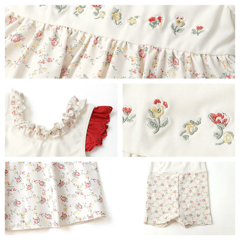 UVカット 小花柄刺繍 ワンピース水着｜80-100cm