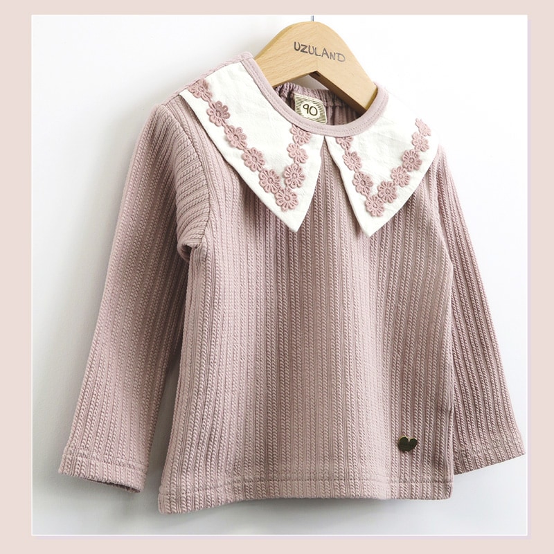 ガールズ ロンT 襟付き レース衿 ブラウス風 丸首 長袖 Tシャツ トップス 女の子 キッズ ベビー ( 80-130cm )【 UZULAND ウズランド 】 くすみカラー ナチュラル ピンク アイボリー チャーム付き 秋物 80cm 90cm 95cm 100cm 110cm 120cm 130cm