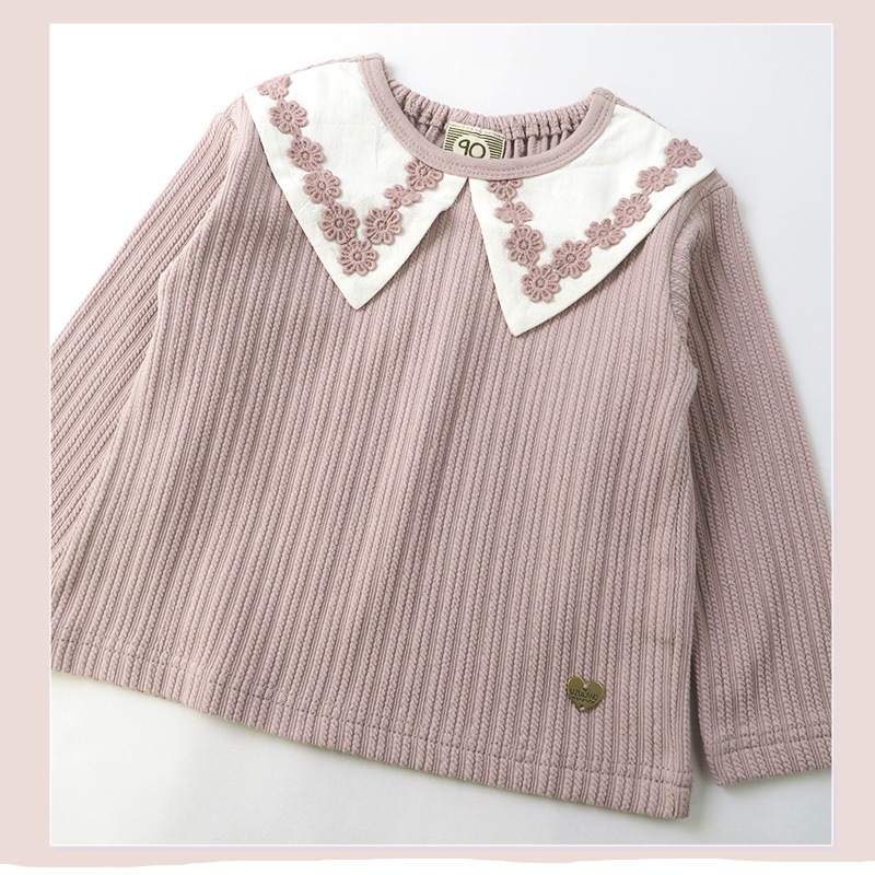 ガールズ ロンT 襟付き レース衿 ブラウス風 丸首 長袖 Tシャツ トップス 女の子 キッズ ベビー ( 80-130cm )【 UZULAND ウズランド 】 くすみカラー ナチュラル ピンク アイボリー チャーム付き 秋物 80cm 90cm 95cm 100cm 110cm 120cm 130cm