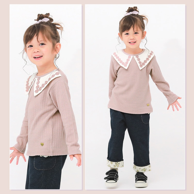 ガールズ ロンT 襟付き レース衿 ブラウス風 丸首 長袖 Tシャツ トップス 女の子 キッズ ベビー ( 80-130cm )【 UZULAND ウズランド 】 くすみカラー ナチュラル ピンク アイボリー チャーム付き 秋物 80cm 90cm 95cm 100cm 110cm 120cm 130cm