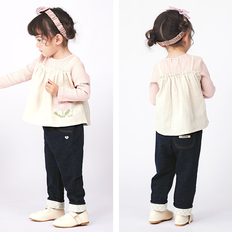 パンツ ガールズ ニットデニム 10分丈 子供服 ボトムス 花柄 折り曲げ ( 80-130cm)【 Uzuland ウズランド 】 女の子 ガールズ シンプル キッズ ベビー ハート かわいい ワンポイント 無地 春物 80cm 90cm 95cm 100cm 110cm 120cm 130cm 