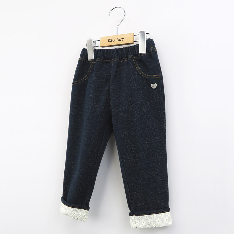 パンツ ガールズ ニットデニム 10分丈 子供服 ボトムス 花柄 折り曲げ ( 80-130cm)【 Uzuland ウズランド 】 女の子 ガールズ シンプル キッズ ベビー ハート かわいい ワンポイント 無地 春物 80cm 90cm 95cm 100cm 110cm 120cm 130cm 