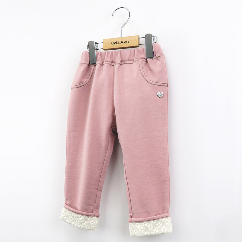 パンツ ガールズ ニットデニム 10分丈 子供服 ボトムス 花柄 折り曲げ ( 80-130cm)【 Uzuland ウズランド 】 女の子 ガールズ シンプル キッズ ベビー ハート かわいい ワンポイント 無地 春物 80cm 90cm 95cm 100cm 110cm 120cm 130cm 