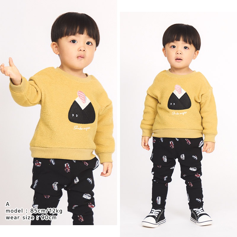 キッズ トレーナー 長袖 裏起毛 フリース ブークレ 男の子 女の子 ( 80-130cm ) GrinLab グリンラボ トップス スウェット インナー ベビー 80cm 90cm 95cm 100cm 110cm 120cm 130cm 食べ物 おにぎり ポップコーン エビフライ たい焼き ボア ワッペン デザイン 保温 暖かい