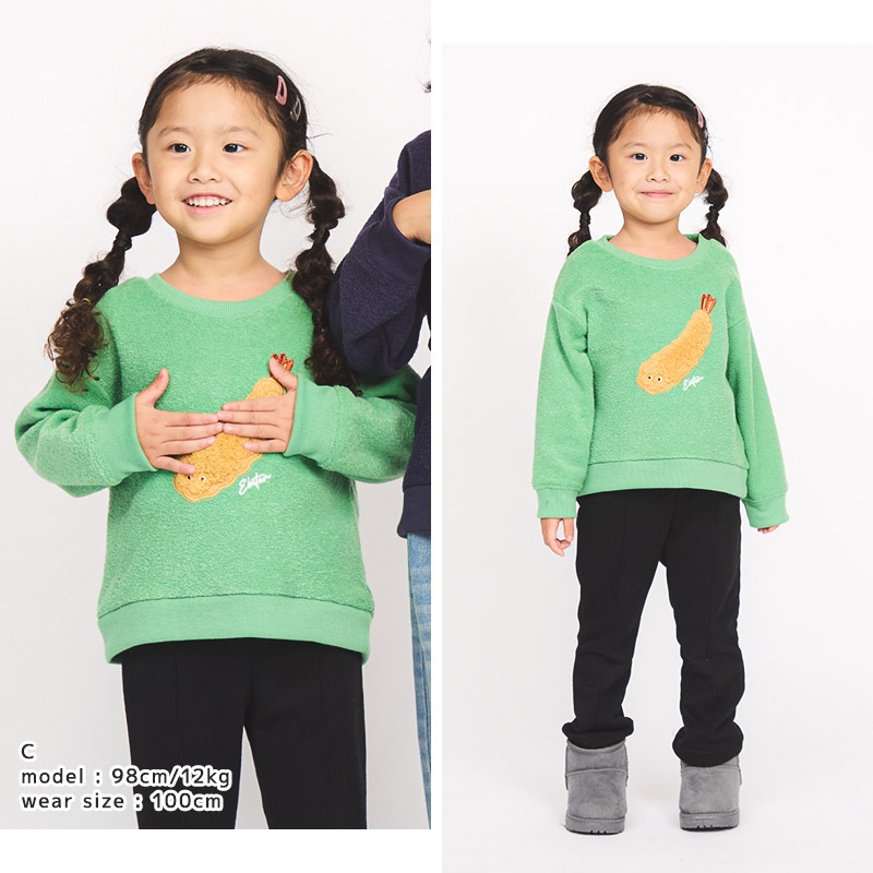 キッズ トレーナー 長袖 裏起毛 フリース ブークレ 男の子 女の子 ( 80-130cm ) GrinLab グリンラボ トップス スウェット インナー ベビー 80cm 90cm 95cm 100cm 110cm 120cm 130cm 食べ物 おにぎり ポップコーン エビフライ たい焼き ボア ワッペン デザイン 保温 暖かい