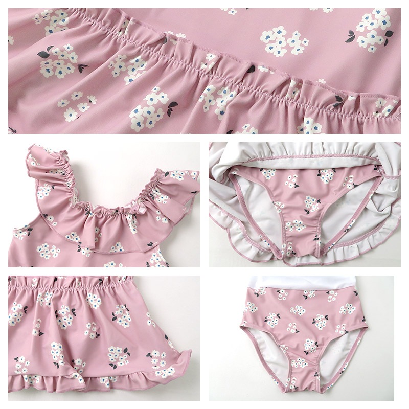 キッズ 水着 女の子 ワンピース パンツ一体型 UV加工 UPF50+ ( 100-130cm ) ワンピース水着 子供水着 スイムウェア 女児水着 フリル リボン レース 花 かわいい 可愛い プール スイミング スクール 夏 レジャー 100cm 110cm 120cm 130cm 海 海水浴 OP
