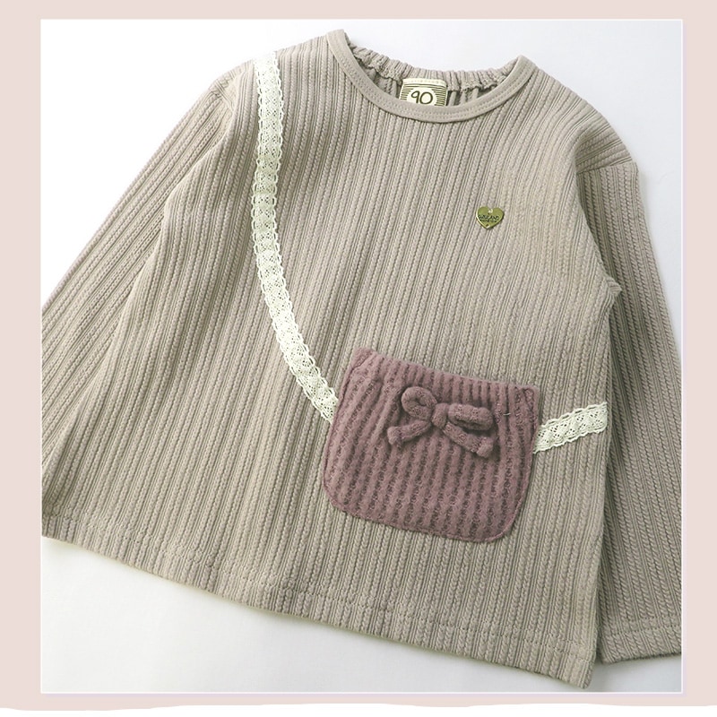 ガールズ ロンT ポケット付き 長袖 Tシャツ トップス 女の子 キッズ ベビー ( 80-130cm )【 UZULAND ウズランド 】 サコッシュ風 くすみカラー ナチュラル アイボリー パープル ワッフルニット チャーム付き 秋物 80cm 90cm 95cm 100cm 110cm 120cm 130cm