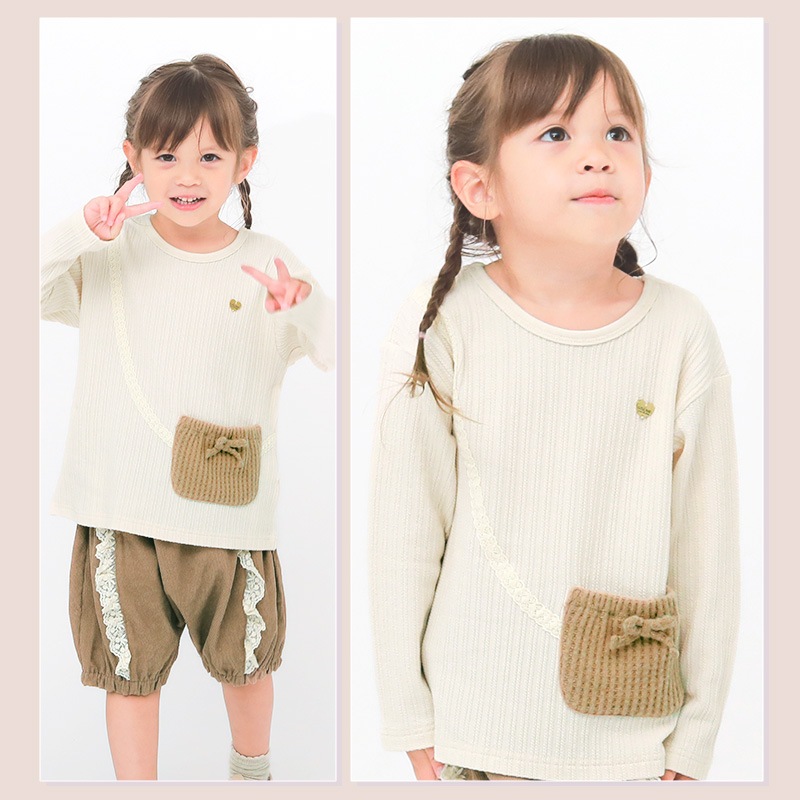 ガールズ ロンT ポケット付き 長袖 Tシャツ トップス 女の子 キッズ ベビー ( 80-130cm )【 UZULAND ウズランド 】 サコッシュ風 くすみカラー ナチュラル アイボリー パープル ワッフルニット チャーム付き 秋物 80cm 90cm 95cm 100cm 110cm 120cm 130cm